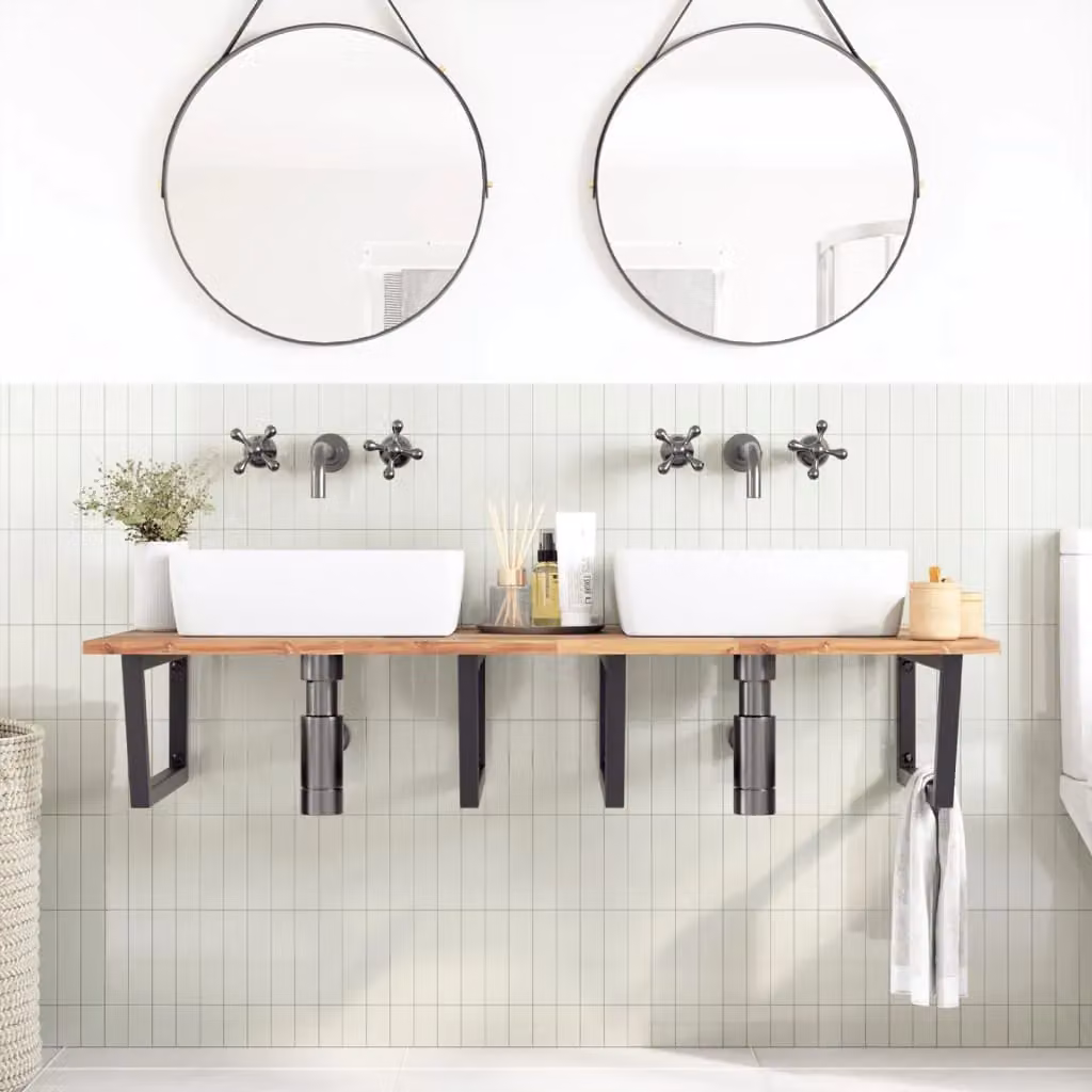 Berkfield Home Wall Mounted Basin Shelf in Brown Acacia Wood and Steel – 2