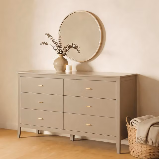 Home Source Grace Wide 6 Drawer Chest with Gold Bar Handles in Greige