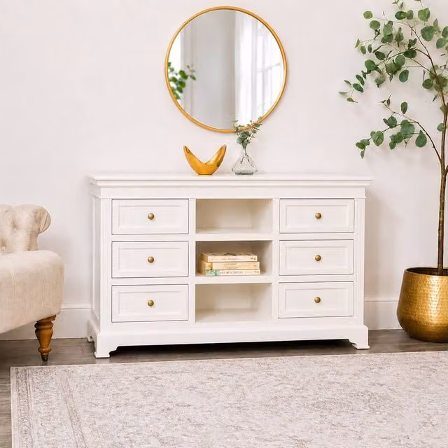 Melody Maison Large Ivory Wooden Sideboard Cabinet in Beige and White Lacquered Vintage Style