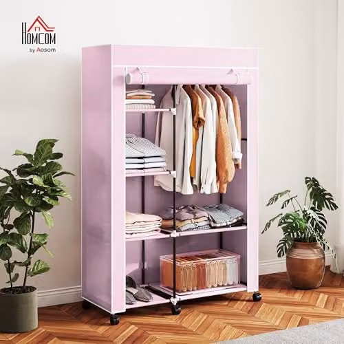 HOMCOM Pink Fabric Wardrobe with Hanging Rail and Internal Shelves, W/D/H: 103 x 43 x 162.5 cm – 2