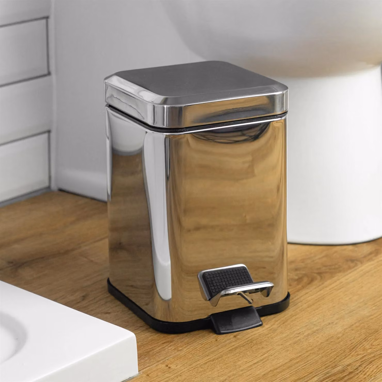 Harbour Housewares Pack of 2 Silver Stainless Steel Square Pedal Bins with Removable Inner Bucket, 3L – 8