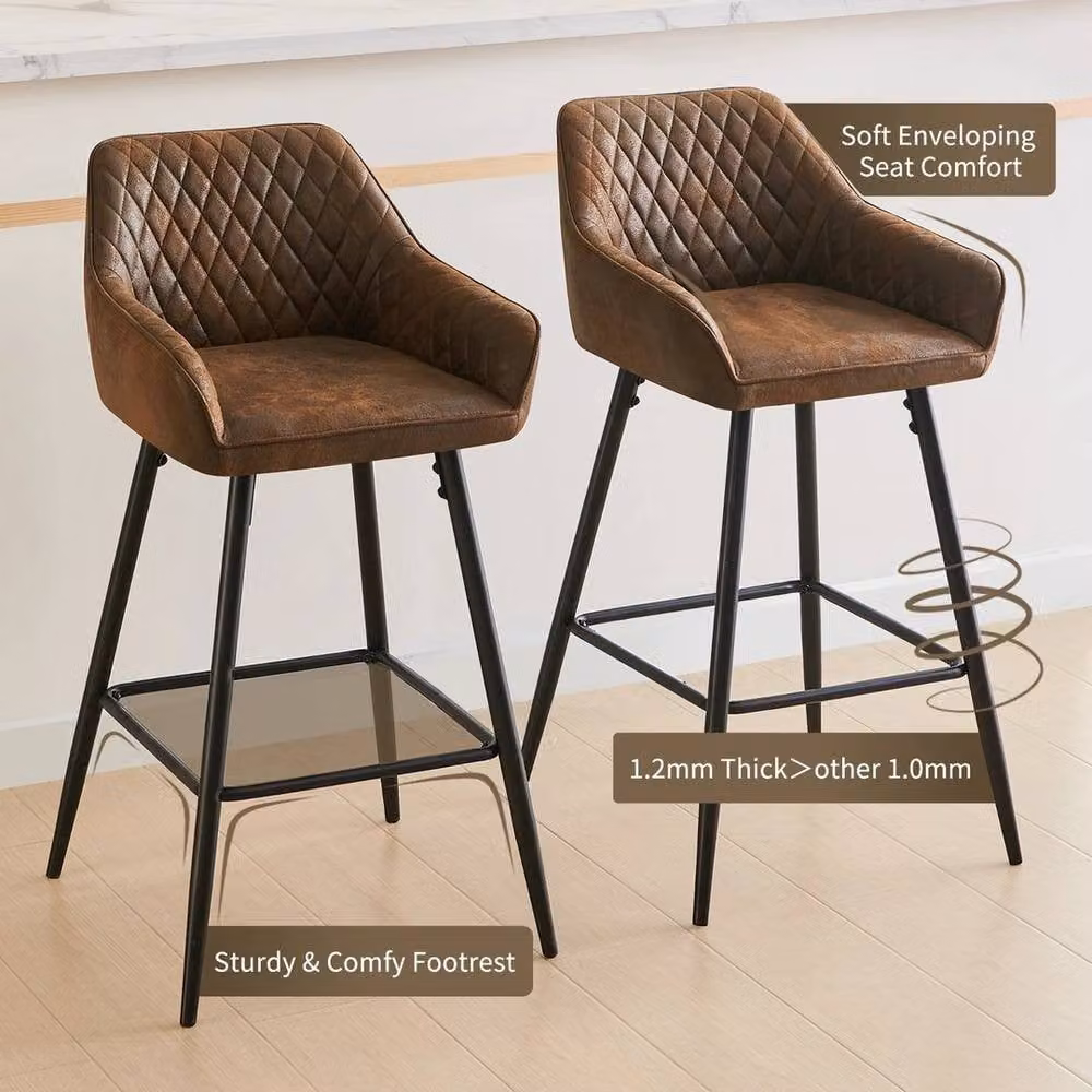 PAWNORA Set of 2 Modern Brown Faux Suede Bar Stools with Metal Legs – 3