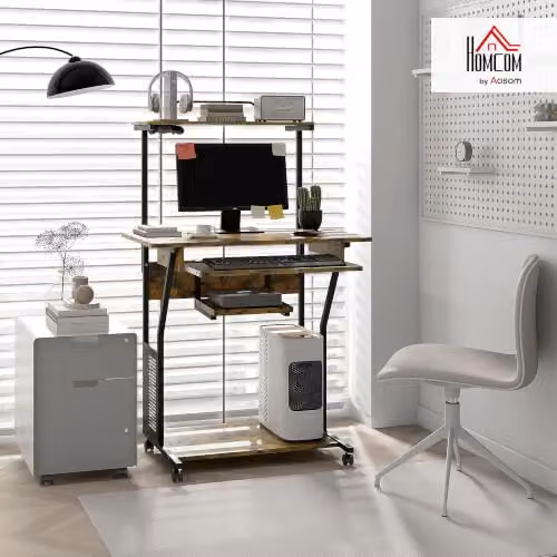 HOMCOM Industrial Mobile Computer Desk in Brown with Castors, W/D/H: 80 x 50 x 130 cm – 2