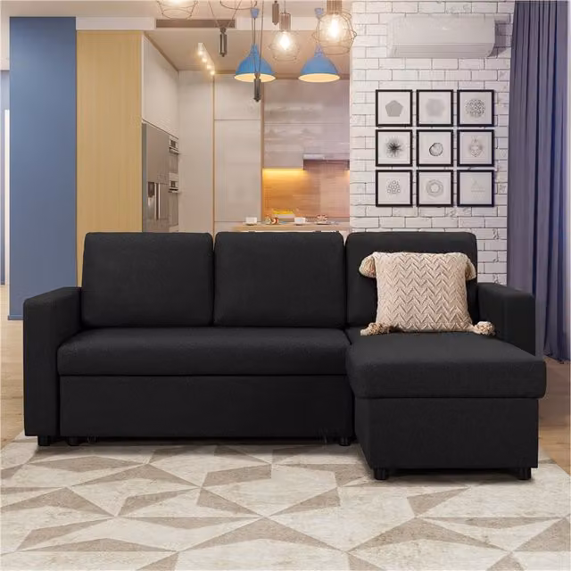 Yaheetech Reversible L-Shaped Fabric Sofa Bed with Pull Out Storage in Black