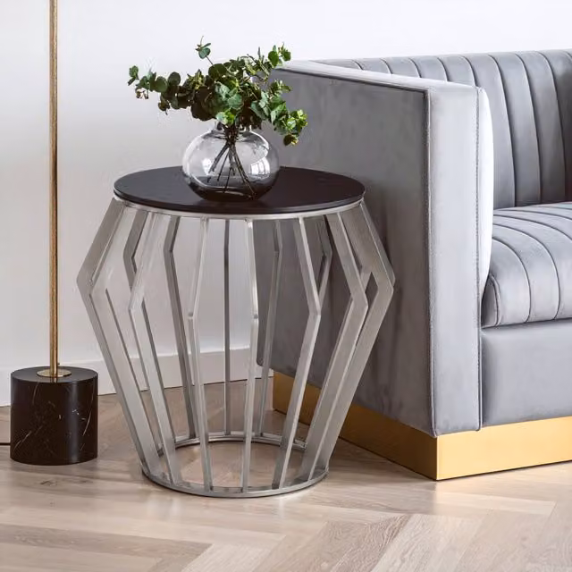 Orsina Modern Round Silver Side Table with Black Glass, W/D/H: 60 x 60 x 55 cm – 2