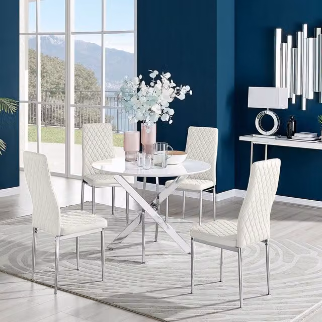 FurnitureboxUK Novara White High Gloss Round Dining Table and 4 Cream Velvet Milan Chairs