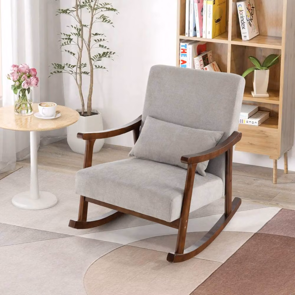 Costway Grey Upholstered Wooden Rocking Accent Chair with Rubberwood Armrests – 3