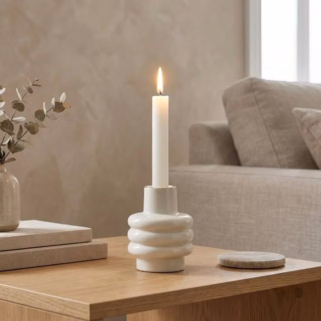 Garden Greatness Blanc Rounded Ceramic Taper Candle Holder in White