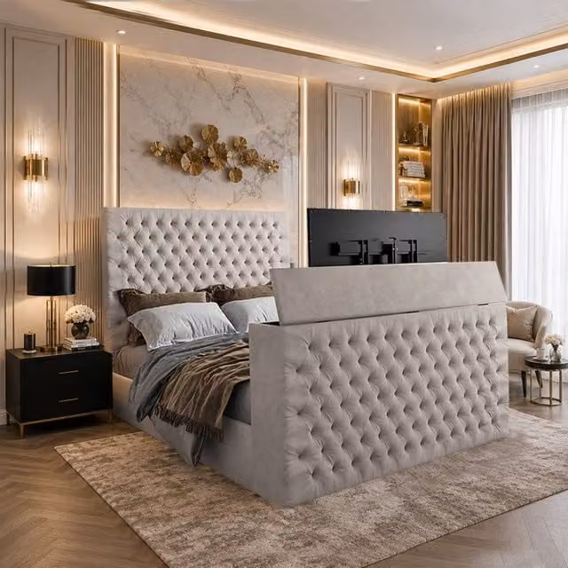 KDMD Annan Upholstered Soft Velvet Pebble TV Bed Frame in Light Sand, Size: King (W/D/H: 180 x 200 cm)