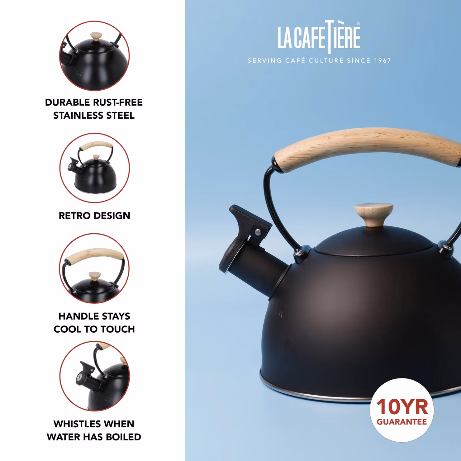 La Cafetiere Black Whistling Kettle with Wooden Handle – 8