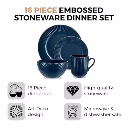 Tower Empire 16 Piece Stoneware Dinnerware Set in Blue and Bronze – 2