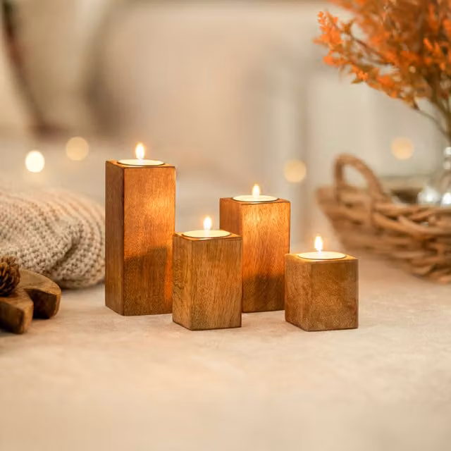 Marco Paul 4-Piece Brown Wooden Rectangular Tealight Candle Holders