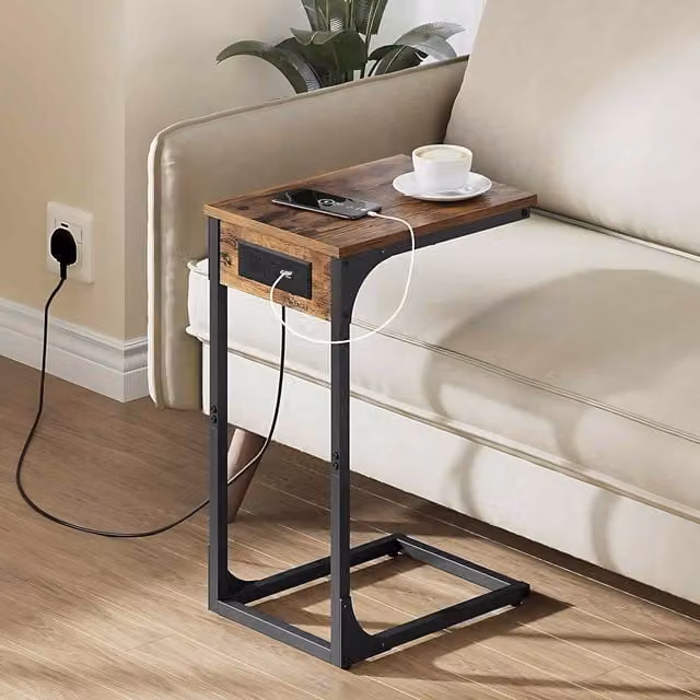 The Bazaarist C Shaped Side Table with USB Charging Station in Rustic Brown