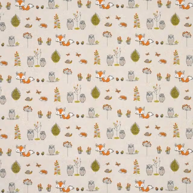 Terrys Woodland Animal and Floral Fabric in Orange, Green and Beige