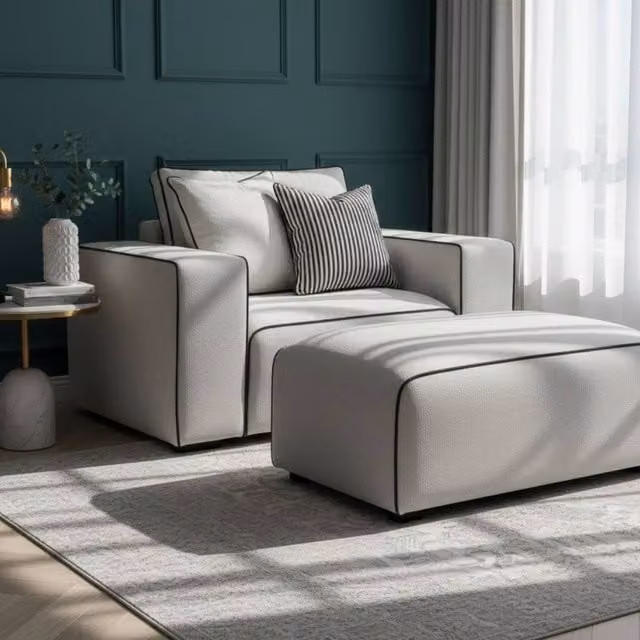 Stratus Interiors Sloane 2-Tone Modular Sofa with Custom Contrast Piping, Cream Armchair in Beige and White Fabric