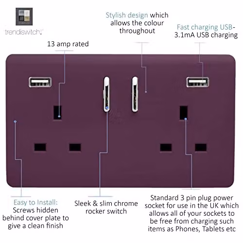 Trendi 2 Gang 13 Amp USB Switched Flush Socket with Plate in Purple – 2