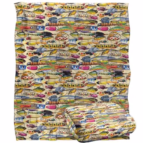 JQ Licensing Fishing Lures Pattern 2 Super Soft Fleece Throw Blanket in White, W/D: 152 x 127 cm