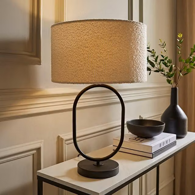 ValueLights Antonia Matte Black Oval Table Lamp with Cream Boucle Drum Shade and LED Bulb