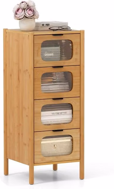 Costway 4-Drawer Bamboo Storage Cabinet with Tempered Glass Drawers in Natural Sand Finish
