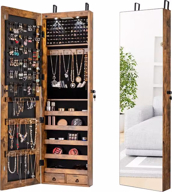 COSTWAY Brown Rustic Wood Mirror Jewelry Armoire with LED Lighting and Lock