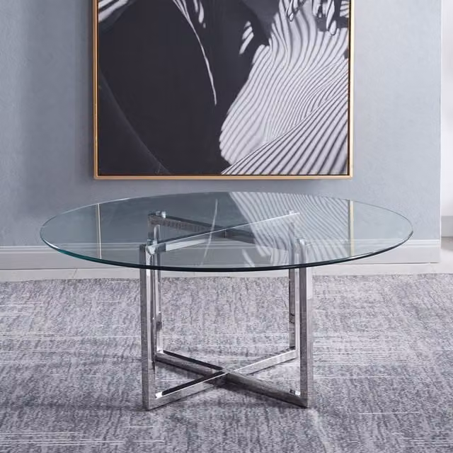 Livingandhome Modern Round Transparent Glass Coffee Table with Silver Metal X-Frame Base
