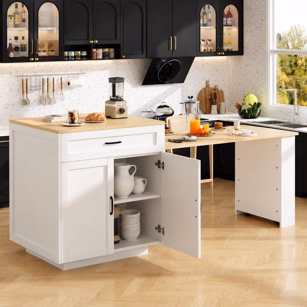 Merax White Extendable Kitchen Island Dining Table with Storage and Castors – 2