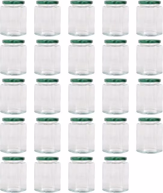 Argon Tableware Hexagonal Glass Jam Jars with Leakproof Screw-Top Metal Lids, 250ml, Green and Yellow, Pack of 24