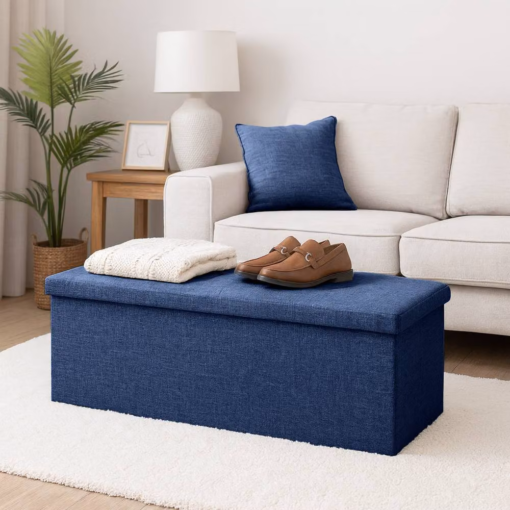 Harbour Housewares Foldable Storage Ottoman Bench in Blue Fabric, W/D/H: 111 x 39 x 36 cm – 9