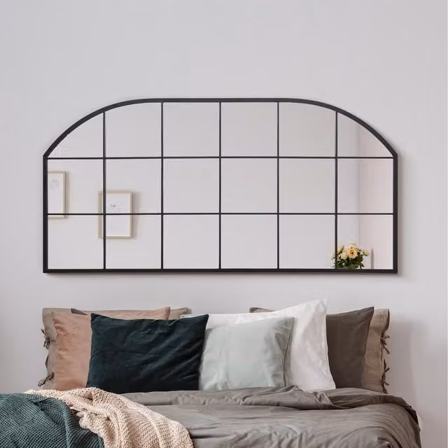 MirrorOutlet Arcus Metal Framed Arched Window Wall or Mantle Mirror in Black