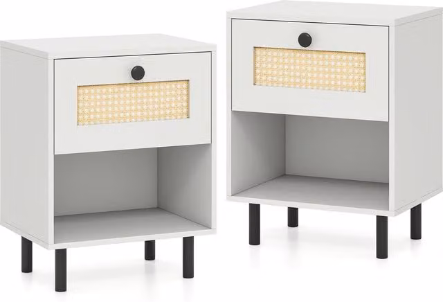 COSTWAY Boho Style White Bedside Table with Rattan and Metal Geometric Design