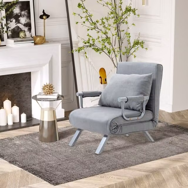 HOMCOM Modern 2-in-1 Single Sofa Bed in Light Grey with Microfibre Fabric and Metal Frame