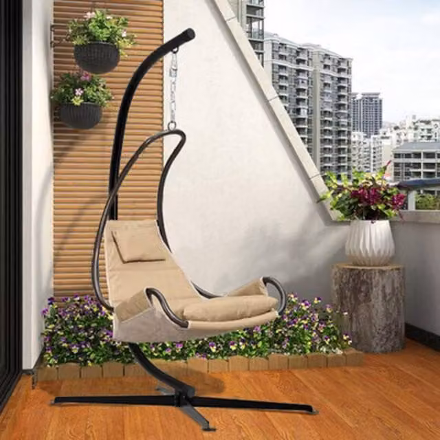 NESTLUNE Black Rattan Hanging Egg Chair Swing Stand for Garden and Terrace – 1