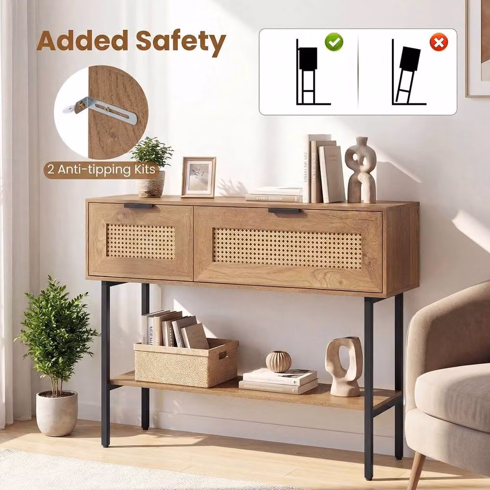 VOGREX Brown Rattan Boho Console Table with Flip Doors for Hallways – 3