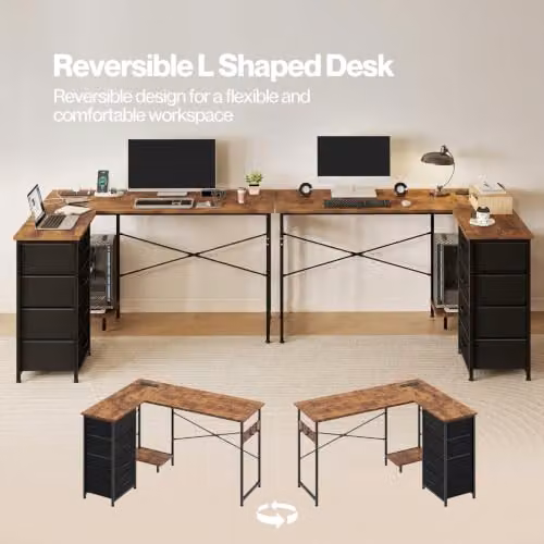 Levede L-Shaped Corner Desk with Drawers and Power Outlet in Rustic Brown, W/D/H: 135 x 100 x 76.5 cm – 4