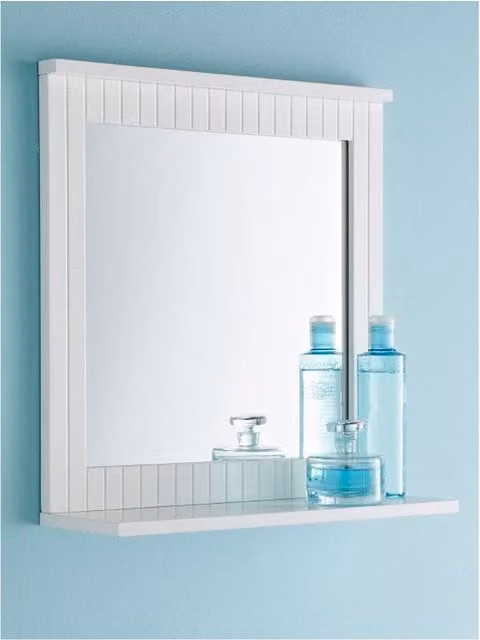 Biznest Modern Rectangular White Glass Bathroom Wall Mirror with Shelf