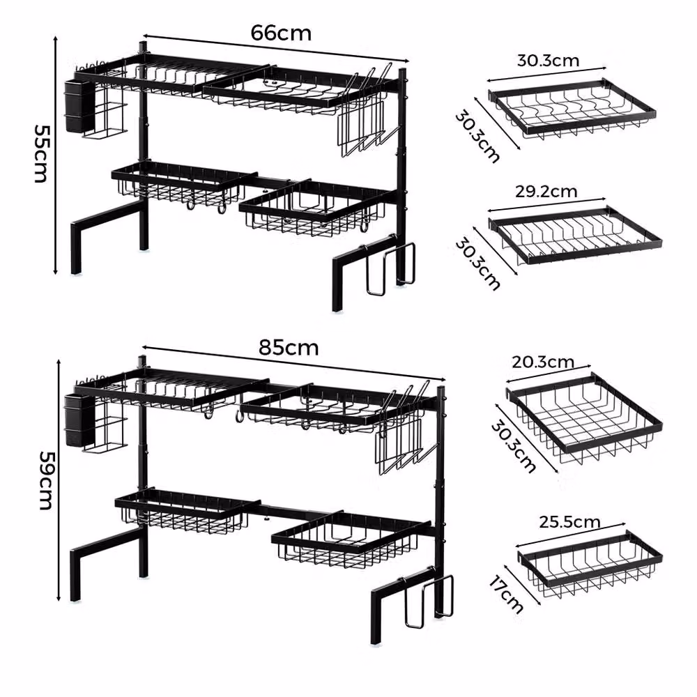 Levede 2-Tier Expandable Over the Sink Dish Drying Rack in Black with Cutlery and Cup Holders – 7