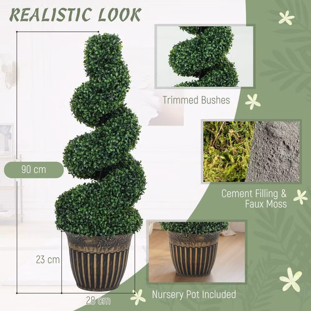 HOMCOM Set of 2 Potted Artificial Spiral Boxwood Trees in Light Green, Height: 90 cm – 4