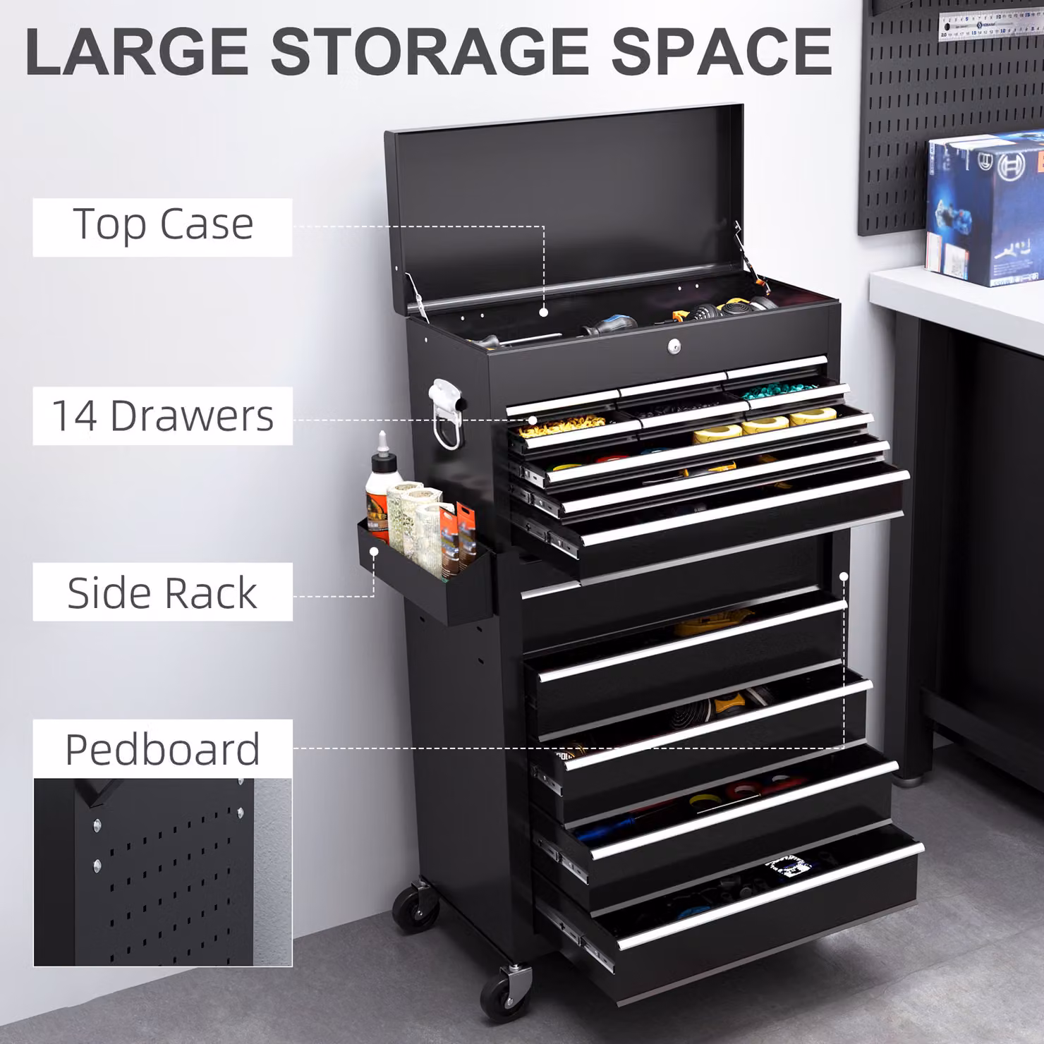 HOMCOM Rolling Tool Cabinet with 14 Drawers, Pegboard, Side Rack and Lockable Top Chest in Black Steel – 4