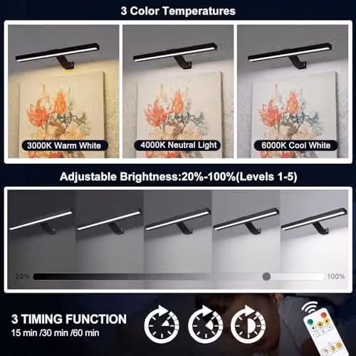 Harper Living Set of 2 Rechargeable LED Picture Lights in Black, Dimmable Wall Mounted Bar Lights with Remote Control – 2