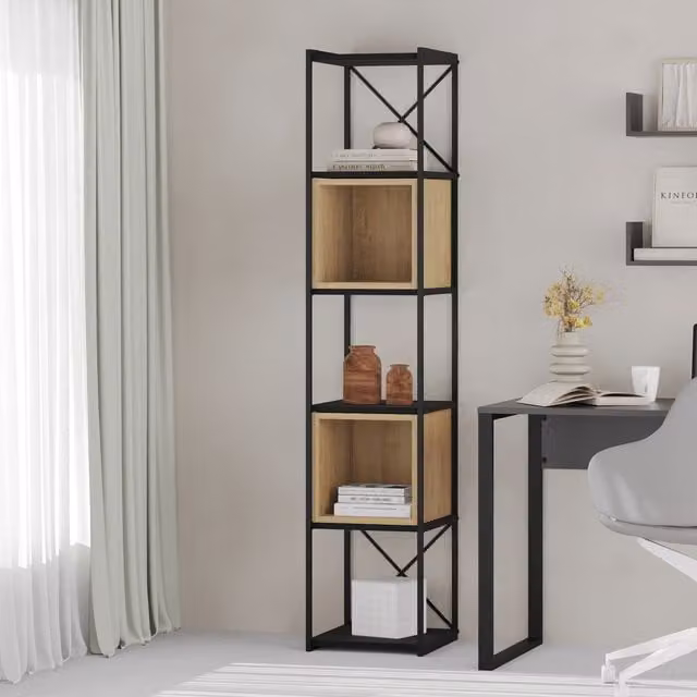 Decortie Vale Mini 5-Tier Bookcase with Adjustable Shelves, Black Wood and Oak Finish