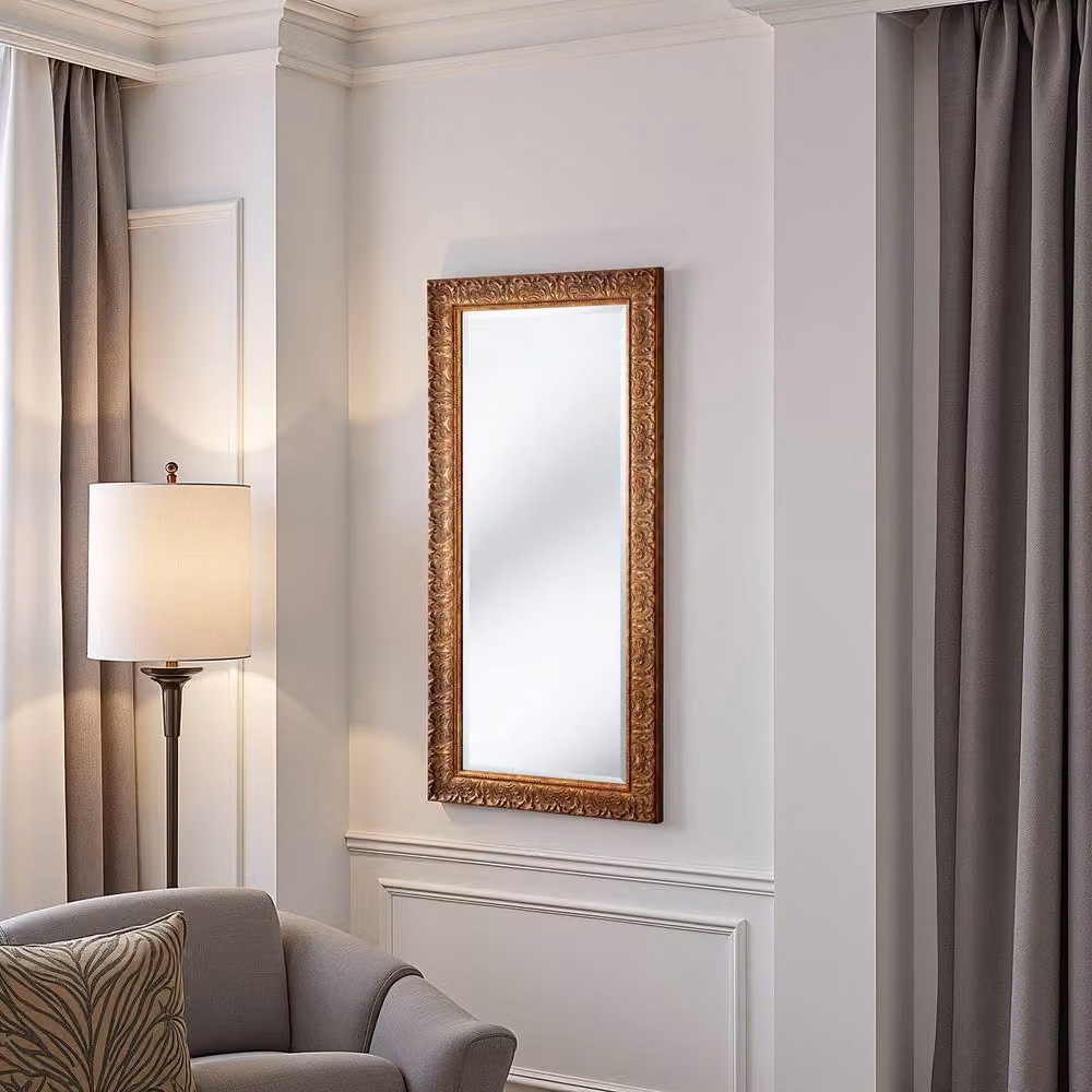 Yearn Mirrors Carved Framed Bevelled Tall Rectangular Wall Mirror in Gold, H 138 cm x W 62 cm – 2