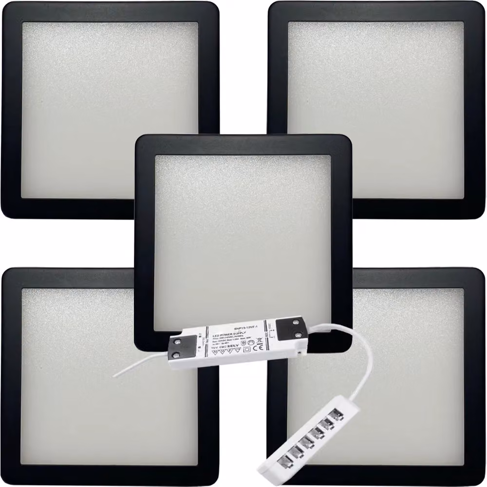 Loops 5x Matt Black Ultra-Slim Square Under Cabinet Kitchen LED Light and Driver Kit with Natural White Diffused Light – 3