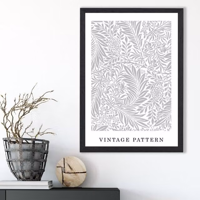 ARTZE Vintage William Morris Larkspur Floral Art Print in Grey and White with Black Frame, A3 – 1