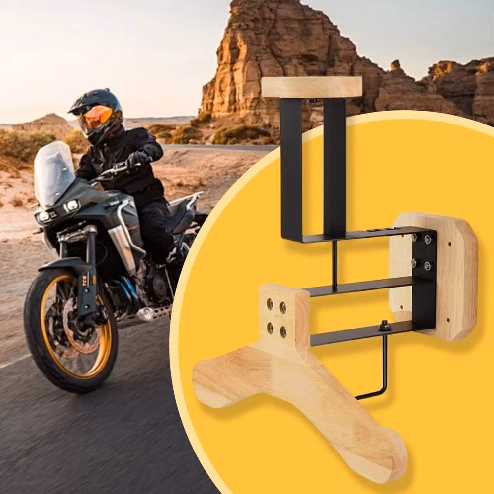 FLAVORA Wall-Mounted Motorcycle Helmet Holder and Clothing Shelf in Brown and Sand with Wood and Stainless Steel Construction, Width: 50 cm – 5