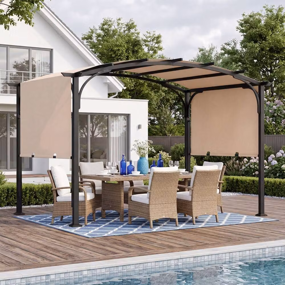 Gymax Retractable Arched Garden Pergola with Beige Polyester Canopy, W: 304.8 cm, D: 243.84 cm, H: 233.0 cm – 5