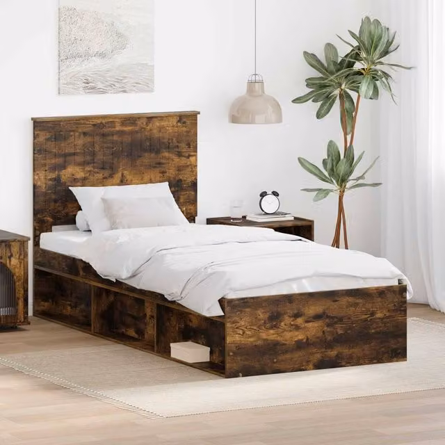 Berkfield Home Modern Bed Frame with Headboard in Smoked Oak and Brown Solid Pine Wood, W/D/H: 90 x 200 cm – 1