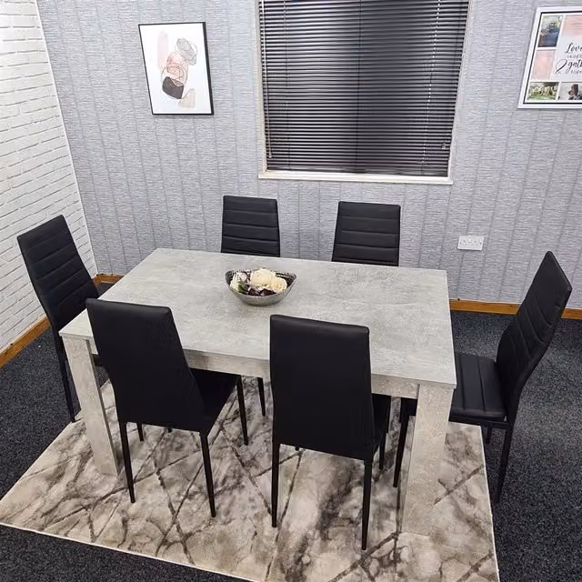 KOSY KOALA Modern Rectangular Dining Table Set with 6 Black Chairs, Stone Grey Effect and Brown Wood Finish