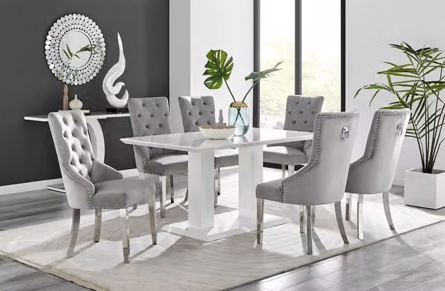 FurnitureboxUK White Imperia Rectangular Dining Table and 6 Grey Belgravia Upholstered Chairs