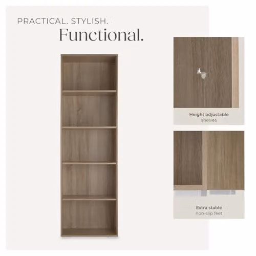 tectake 5-Tier Minimalist Oak Bookcase with Adjustable Shelves, H 190 x W 30 x D 30 cm – 5