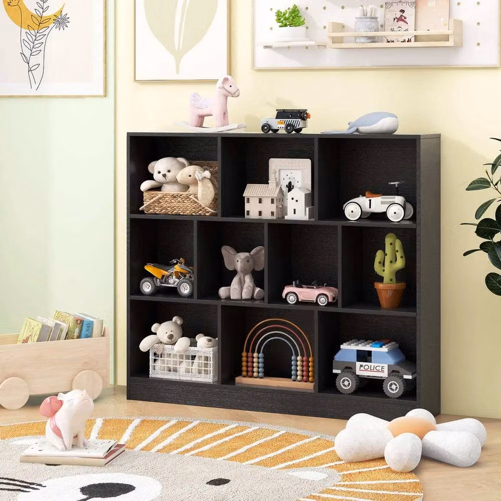 NESTLUNE Black Wood Display Shelf for your Living Room, W: 120 cm, D: 15 cm, H: 100 cm – 3